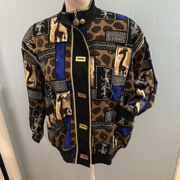Vital Elements Black Gold Button Abstract Bomber Jacket 90s Retro Medium Giraffe - Picture 8 of 16
